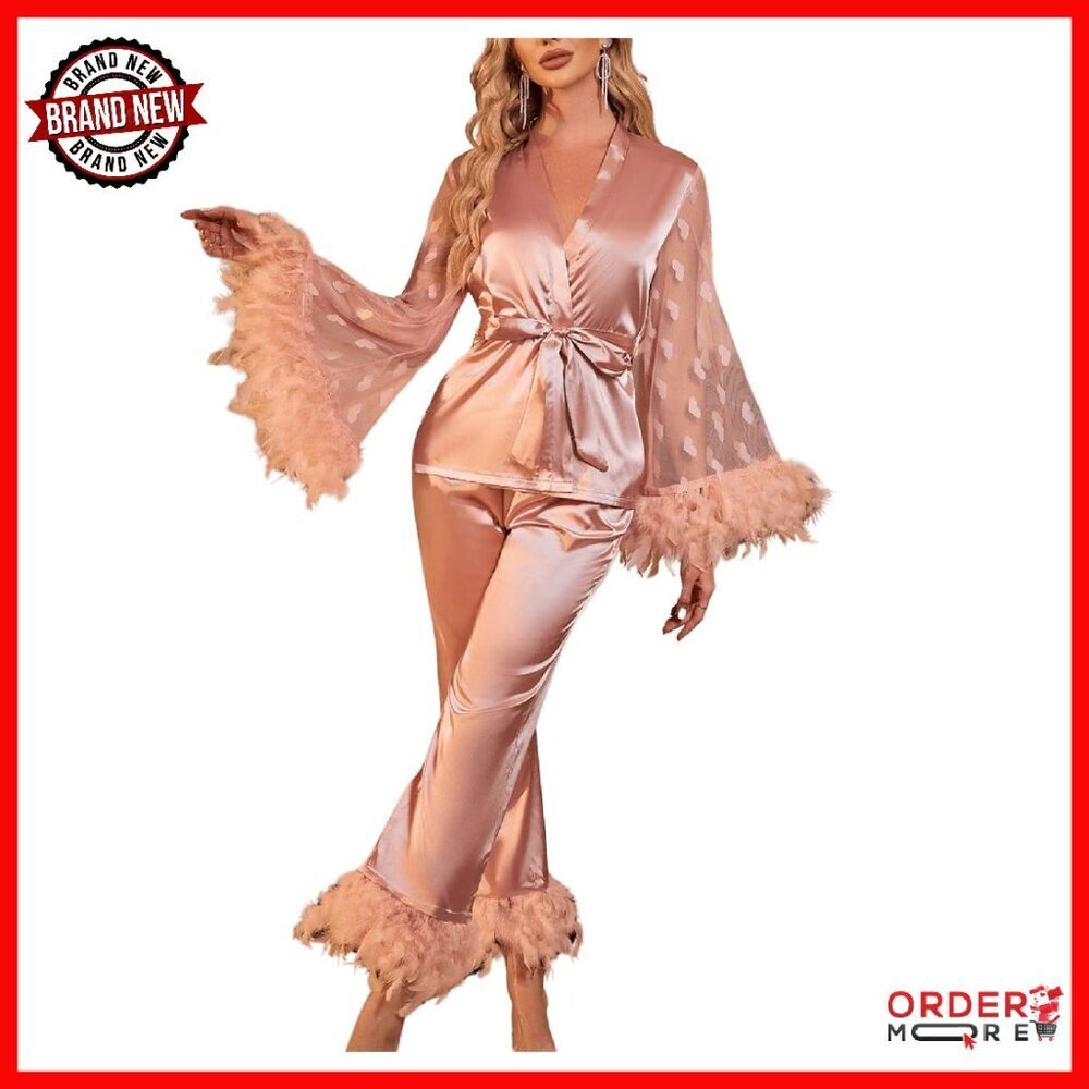 Satin Feather Trim Pajama Set Long Sleeve Belted Top Pants Lounge